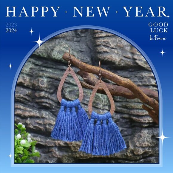 NWOT Boho Wooden Round Drop Shape Earth Yellow Blue Burgundy Grey Tassel Pendant - Picture 1 of 1